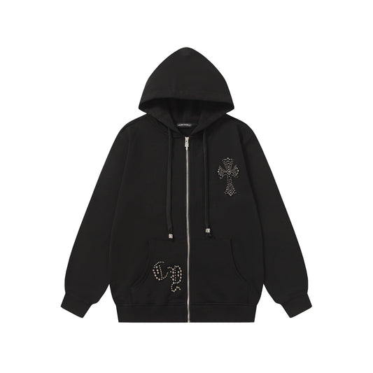 Chrome Hearts ラインストーン クロス パーカー - ブラック ゴシック ストリートウェア スウェットシャツ 2633