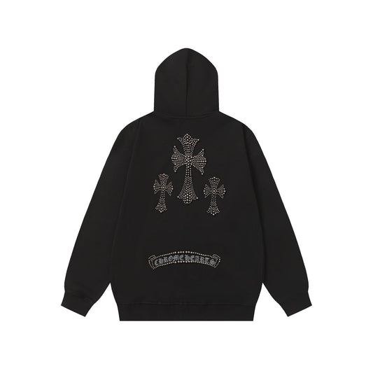Chrome Hearts ラインストーン クロス パーカー - ブラック ゴシック ストリートウェア スウェットシャツ 2633 